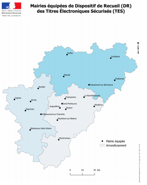 Carte des 19 mairies de Charente équipées du dispositif